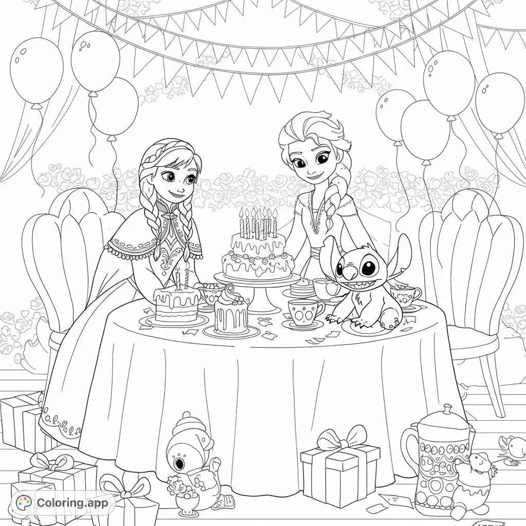 Join a magical birthday celebration with beloved characters, cakes, and presents! A delightful free printable coloring page for kids and adults.