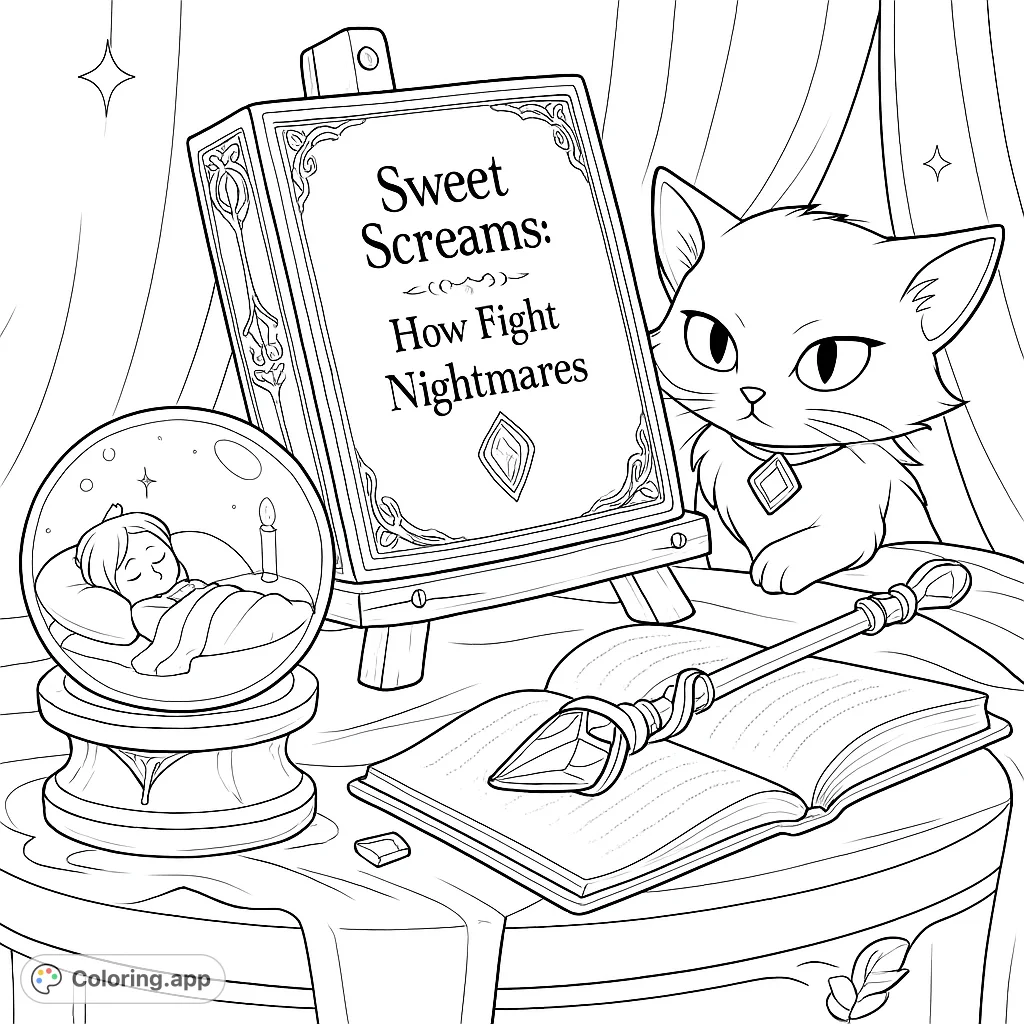 A charming fantasy scene featuring a curious cat, a magical book on an easel, a sleeping child in a snow globe, and an enchanted scepter.
