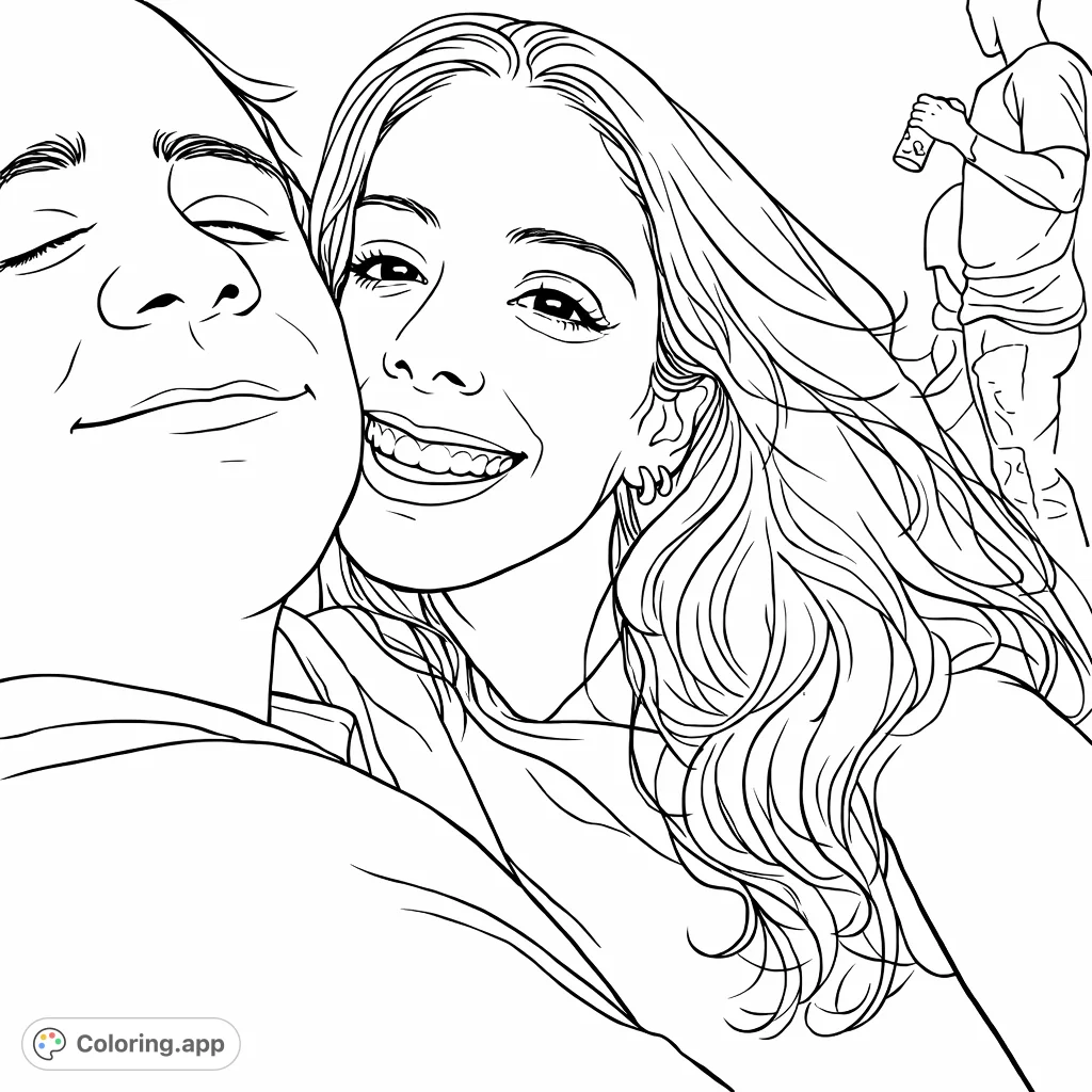 Capture a moment of playful intimacy with this couple portrait coloring page. Features a bright smile, braces, and a close embrace.