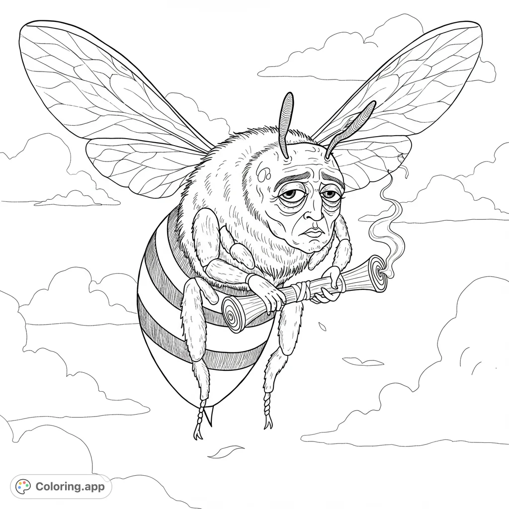 A unique cartoon bee with a droopy, masculine face hovers in the sky, holding a rolled object. Perfect for adult colorists seeking a whimsical challenge.