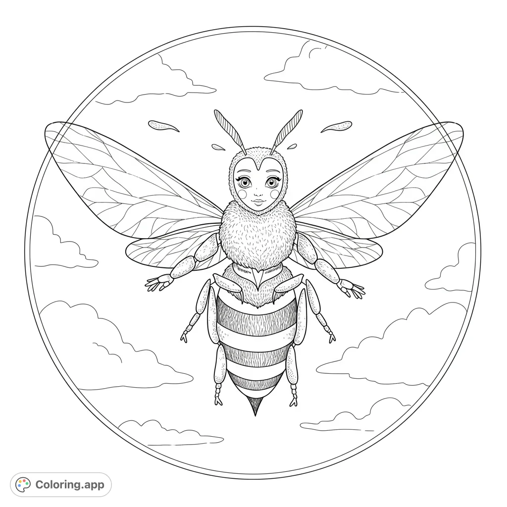 A whimsical human-like cartoon bee with a friendly face, hovering in the sky within a circular frame. Perfect for a unique bee coloring page.