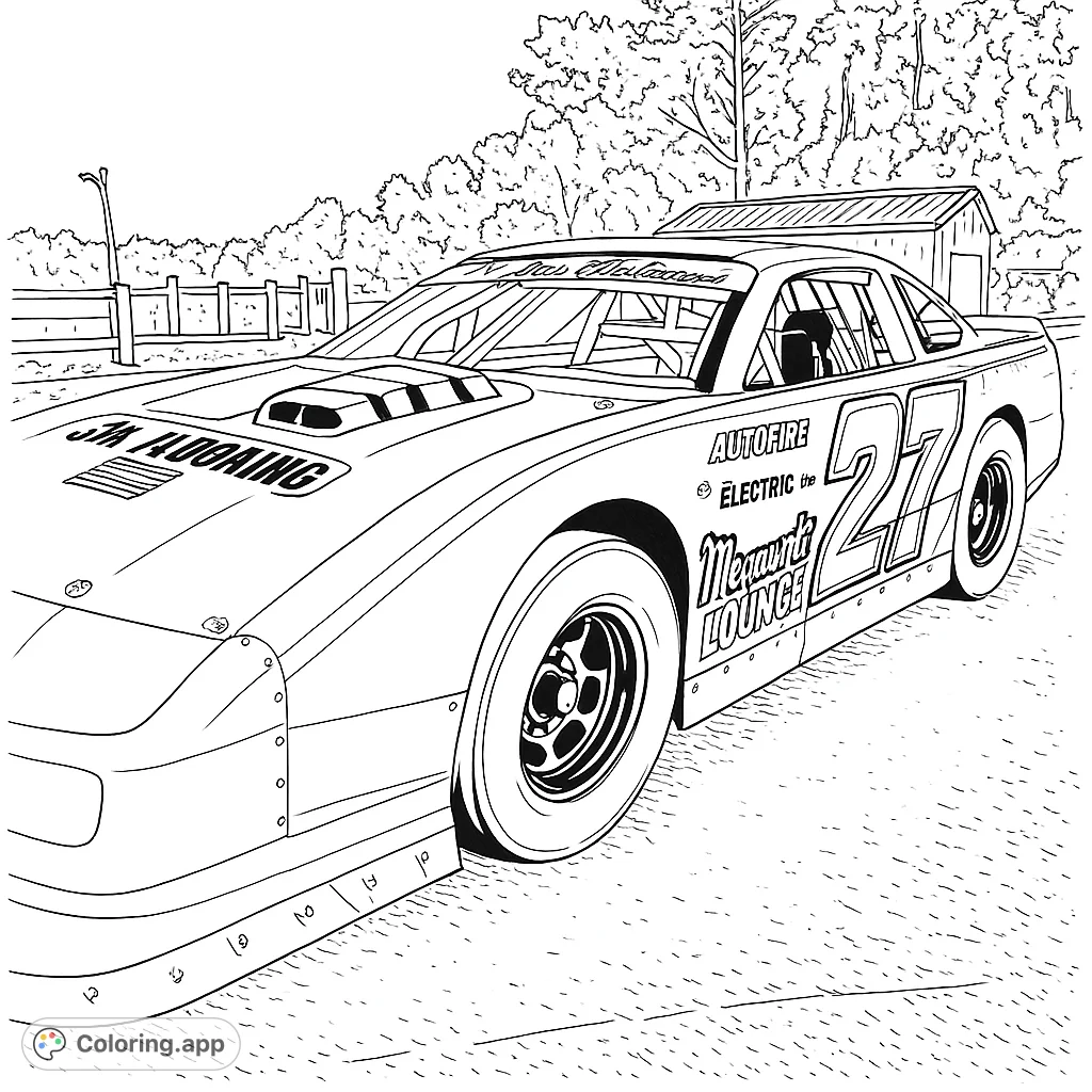 Dynamic stock car coloring page featuring a powerful race car with bold graphics, set against a rustic trackside background. Perfect for speed enthusiasts.