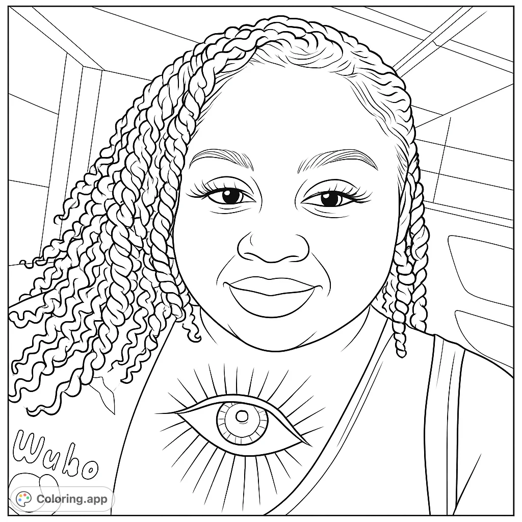 A captivating portrait coloring page featuring a smiling person with intricate braided hair and a unique eye symbol, perfect for creative expression.