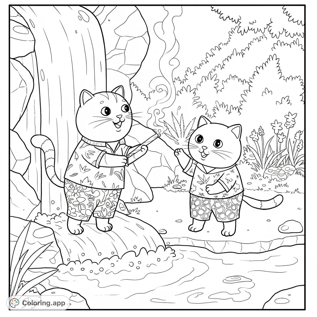 Two cheerful cats in tropical attire enjoy a lush outdoor scene with a waterfall and stream. A fun, free printable cat coloring page for all ages.