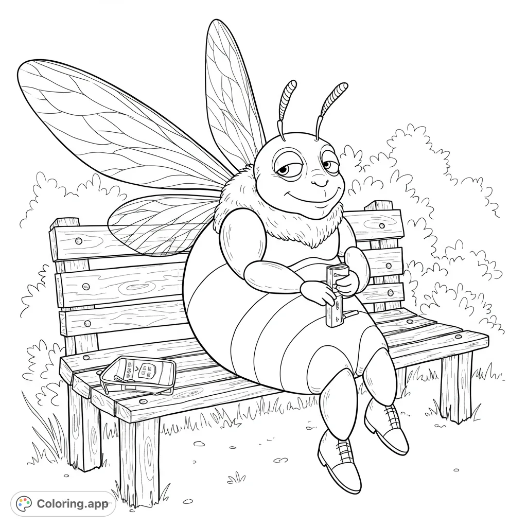 A whimsical bee with a lazy expression enjoys a moment of peace on a rustic bench, holding a small, rolled item. A unique scene for adult colorists.