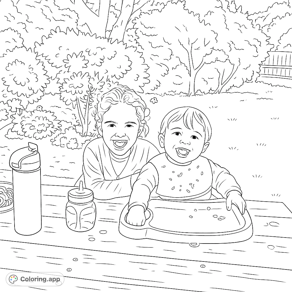 A heartwarming picnic scene featuring two happy children at a table amidst lush greenery. A delightful free printable coloring page for family fun.