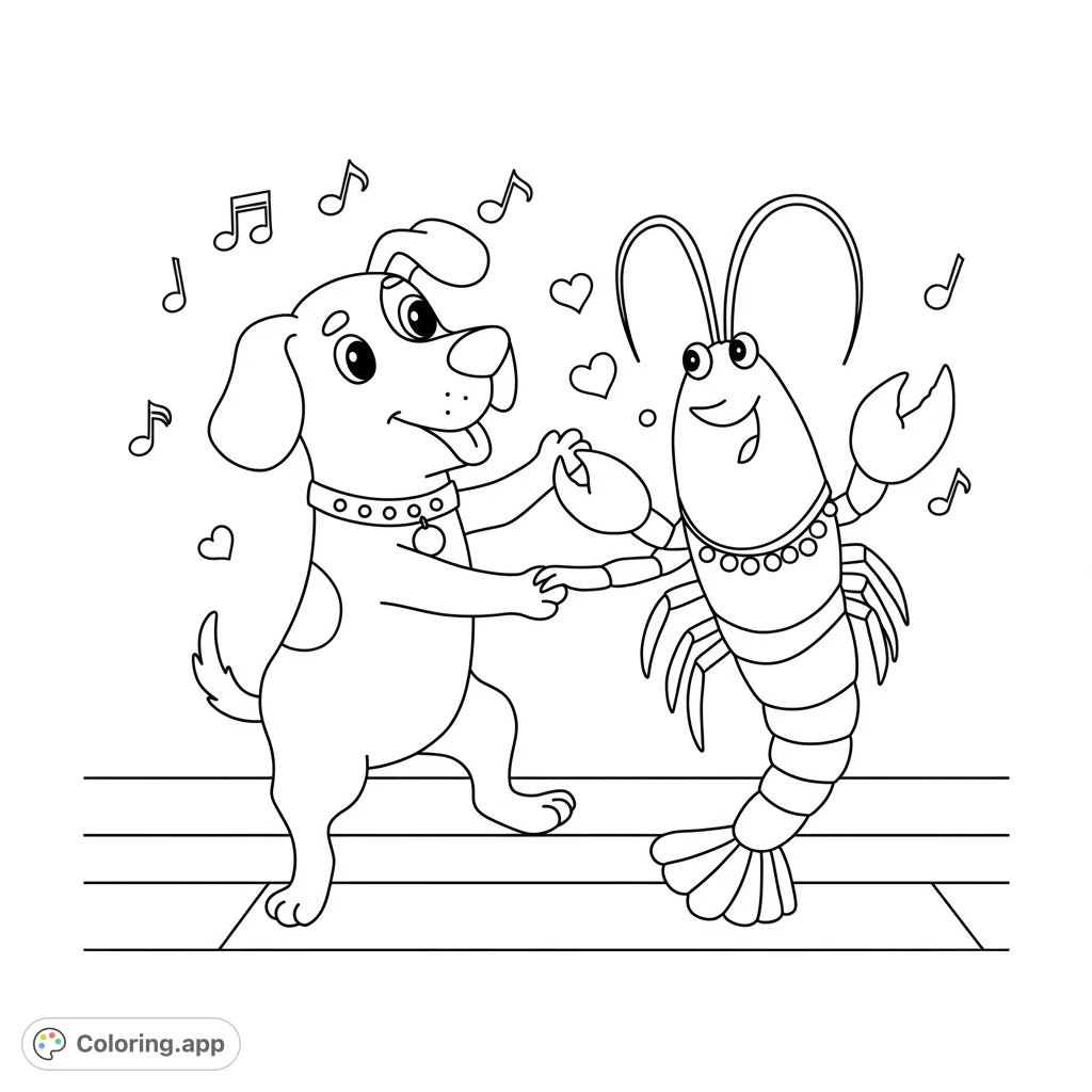 A joyful cartoon dog and a friendly shrimp dance together, surrounded by musical notes and hearts. A fun, free printable animal coloring page for all ages!