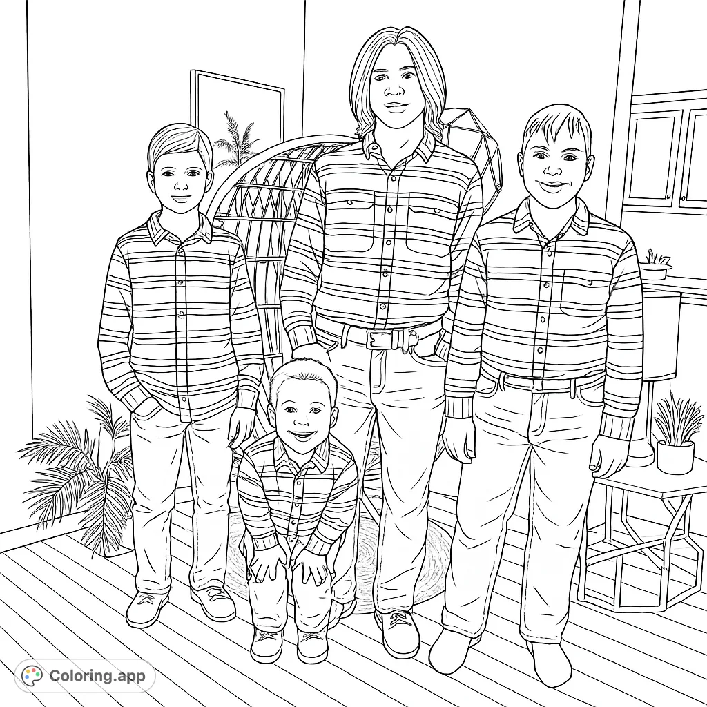 A heartwarming family portrait featuring a father and his three sons, perfect for a free printable family coloring page. Ideal for all ages.