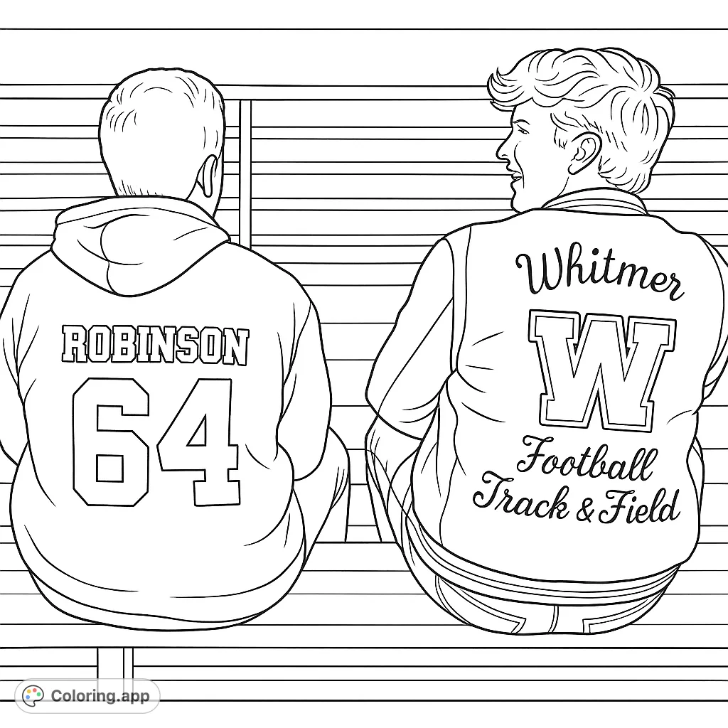 Two friends on bleachers, ready for game day. A free printable sports fan coloring page, perfect for kids and adults.