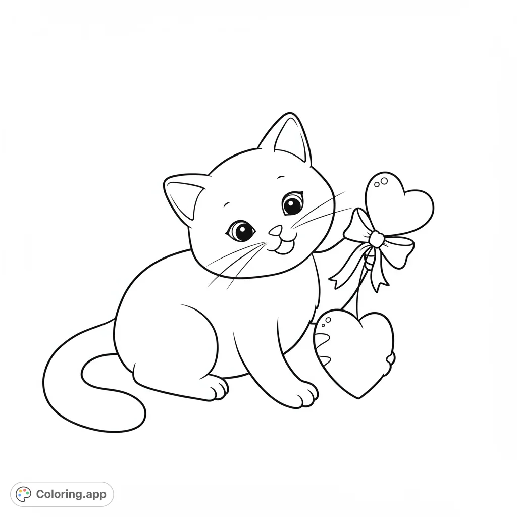 A delightful kitten holds two heart balloons, perfect for a sweet and simple coloring page. Free printable for kids and adults!