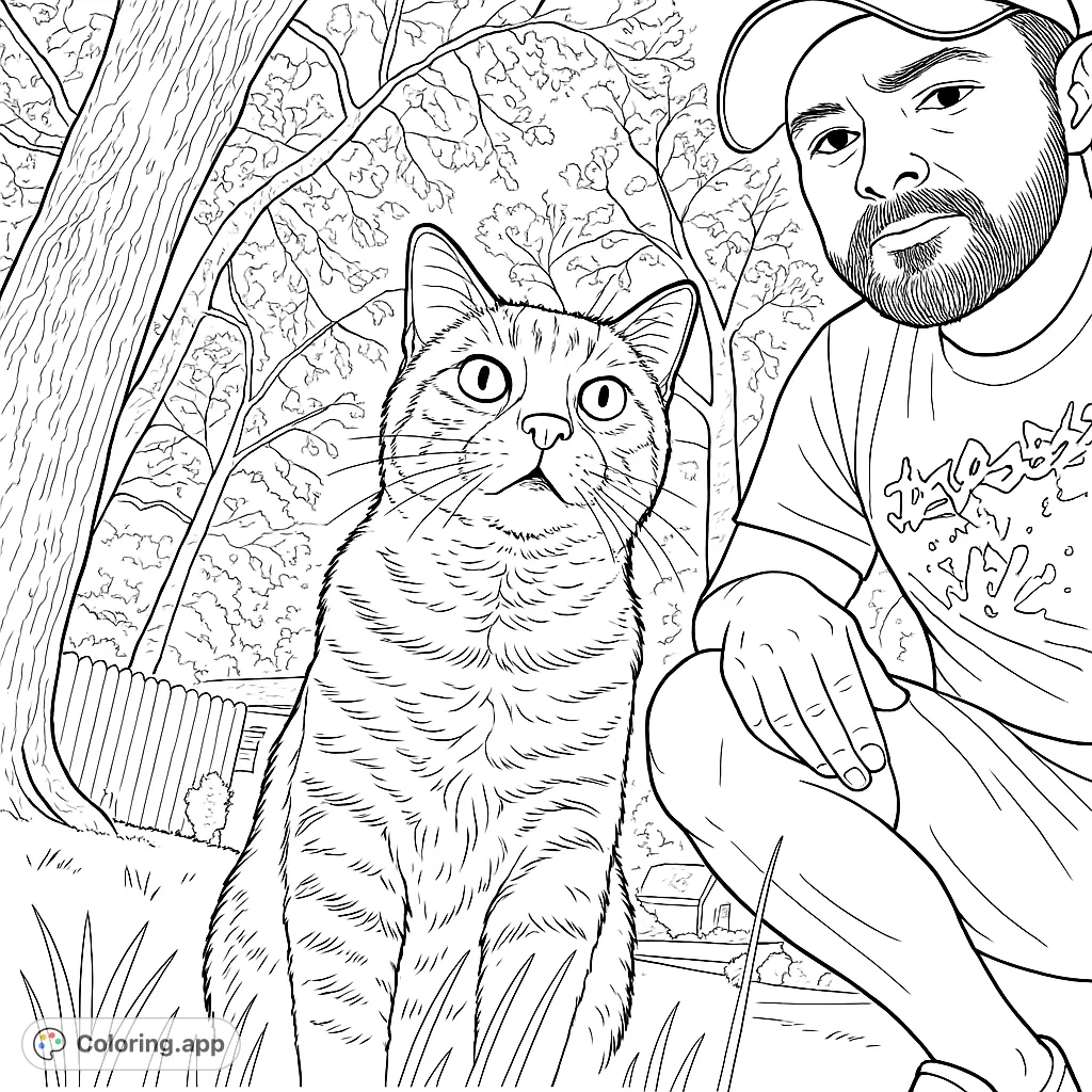 A heartwarming man and cat coloring page, perfect for pet lovers. Features a curious cat and its owner in an outdoor setting.