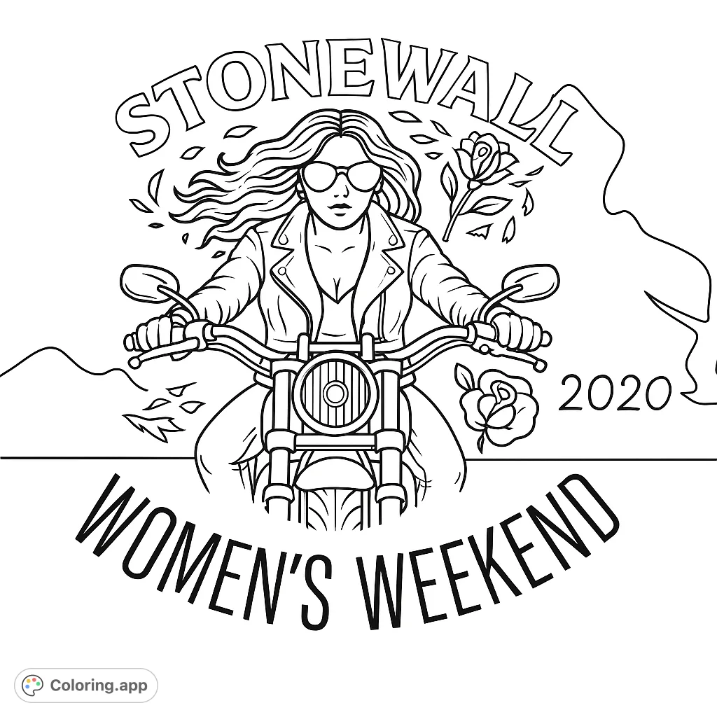 Dynamic biker woman on a motorcycle, with flowing hair and sunglasses, surrounded by elegant roses and abstract shapes. A bold, empowering design.