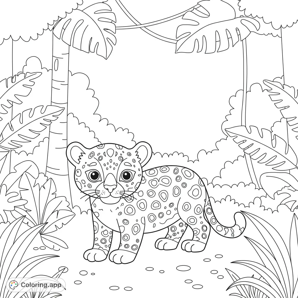 Adorable baby jaguar in the Amazon! This black and white line art coloring page features a cute jaguar cub amongst large trees and leaves, perfect for kids.