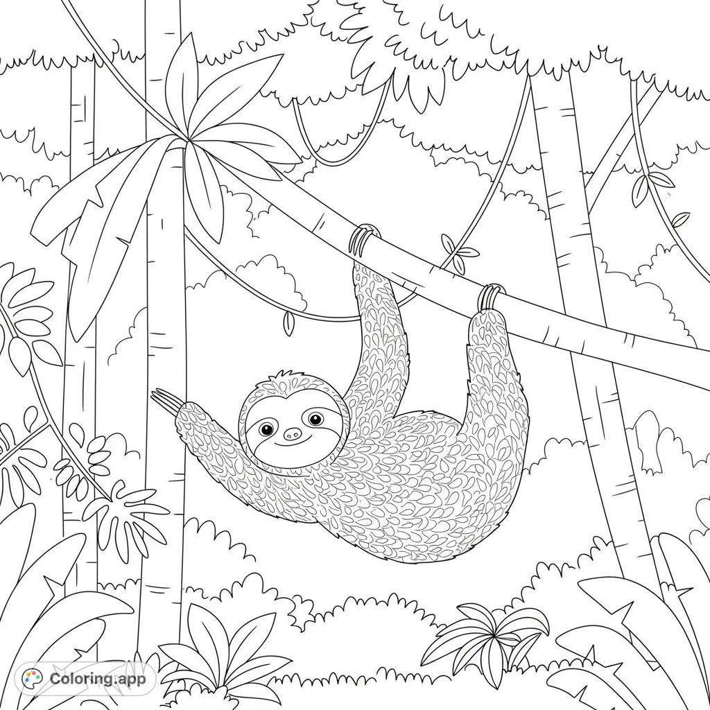 Adorable sloth hanging in the Amazon rainforest! Features large trees, big leaves, and plenty of open space for young colorists.