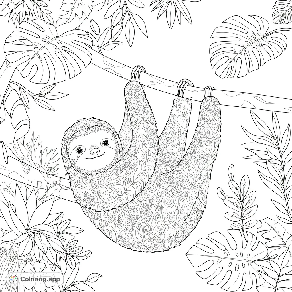 A cheerful sloth with intricate patterns hangs in a lush jungle. Perfect for a relaxing tropical coloring adventure.