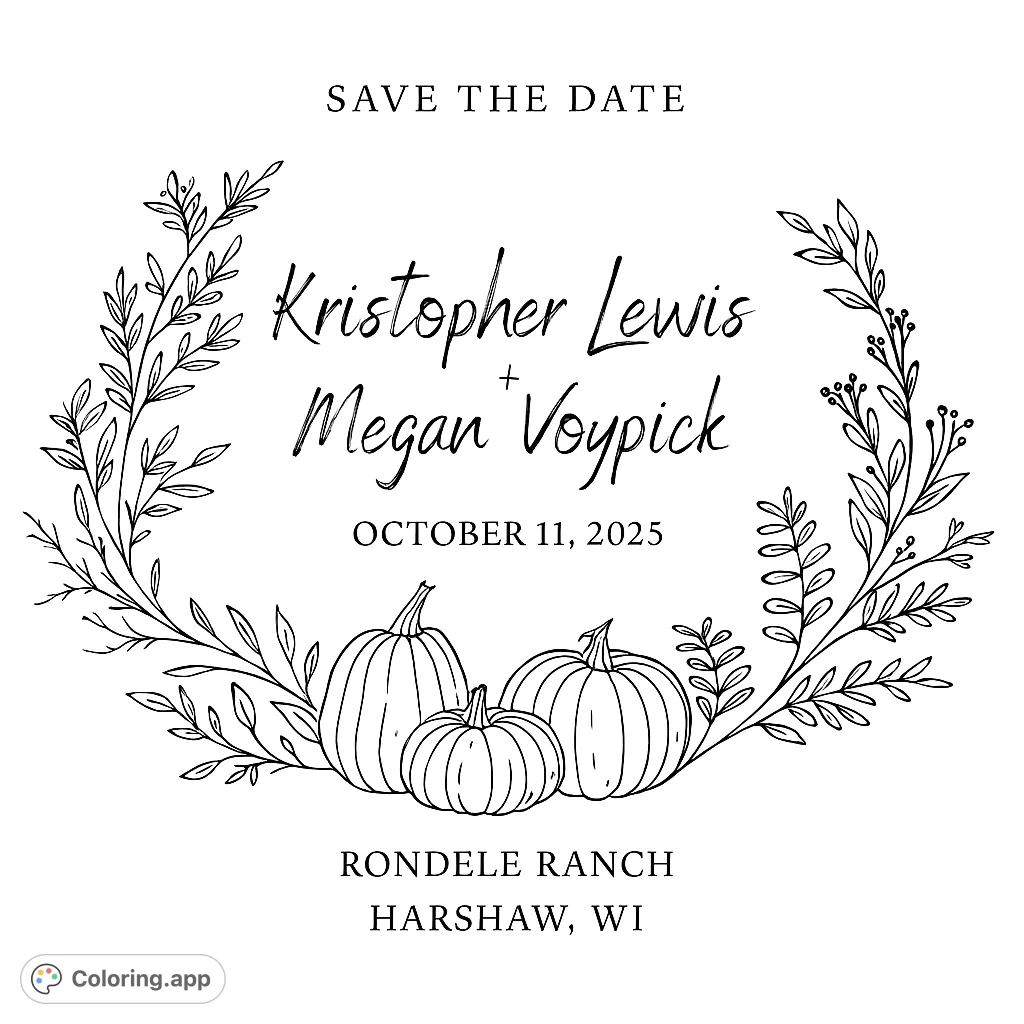 Fall wedding save the date coloring page. Features pumpkins and a floral wreath.
