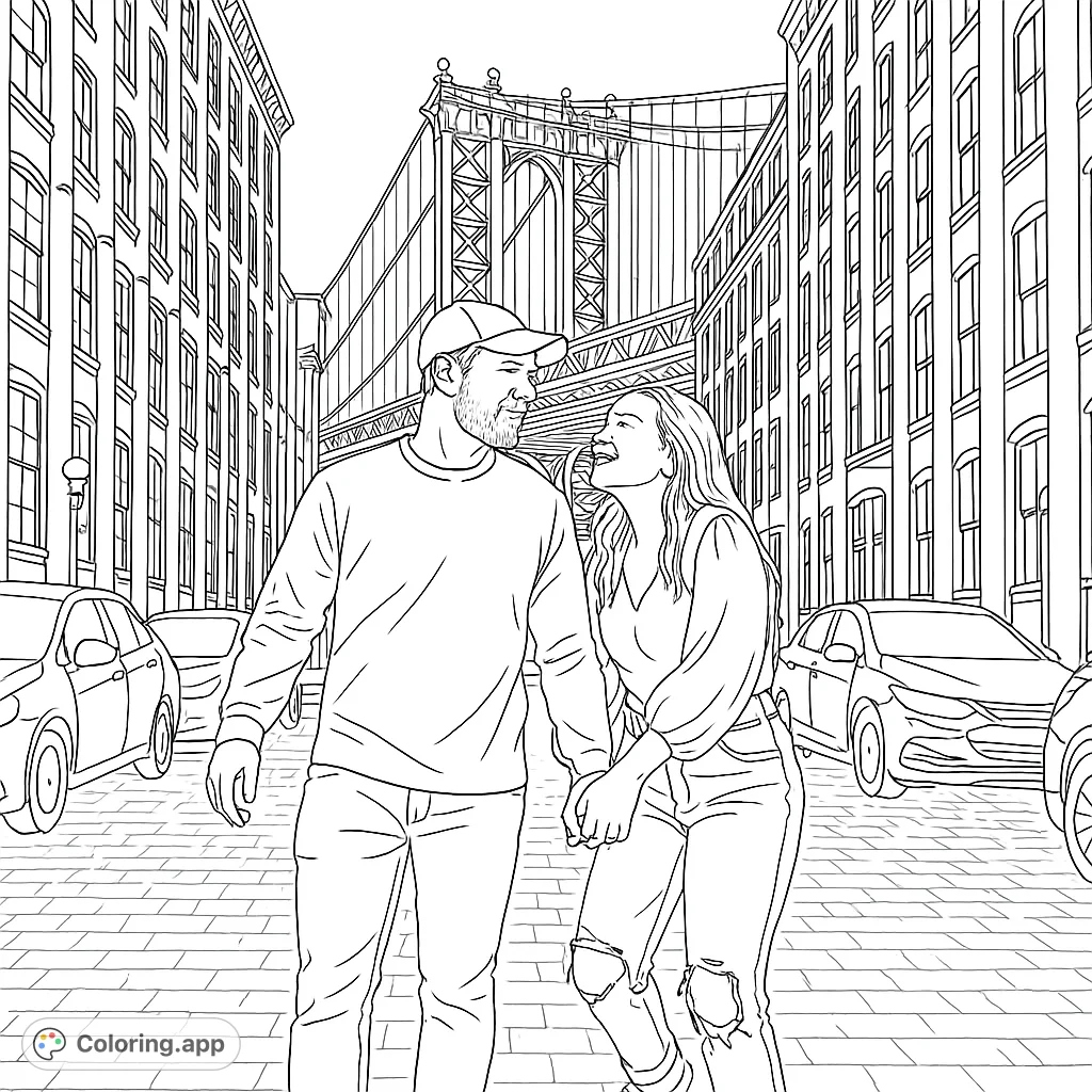 A romantic city stroll coloring page featuring a happy couple holding hands, with a detailed bridge and city buildings in the background. Perfect for adults.