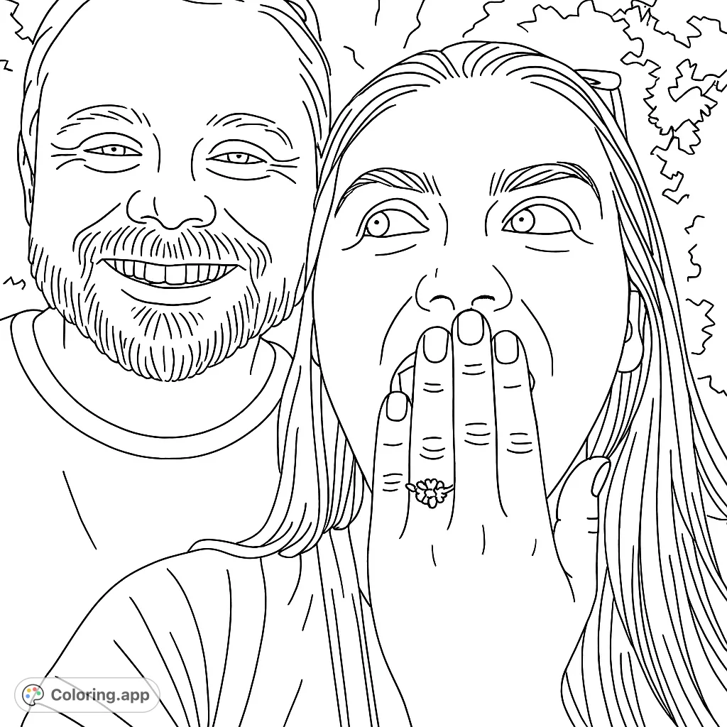 A heartwarming couple portrait coloring page featuring a smiling man and a surprised woman with a flower ring, perfect for a free printable coloring page.