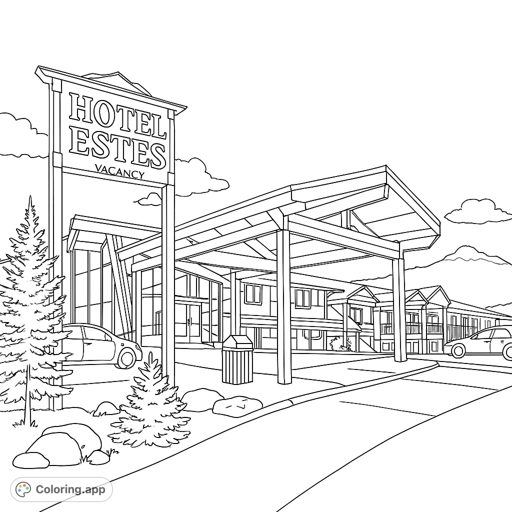 A detailed line drawing of a modern mountain lodge entrance with a prominent sign, cars, and scenic backdrop. Free printable hotel coloring page.