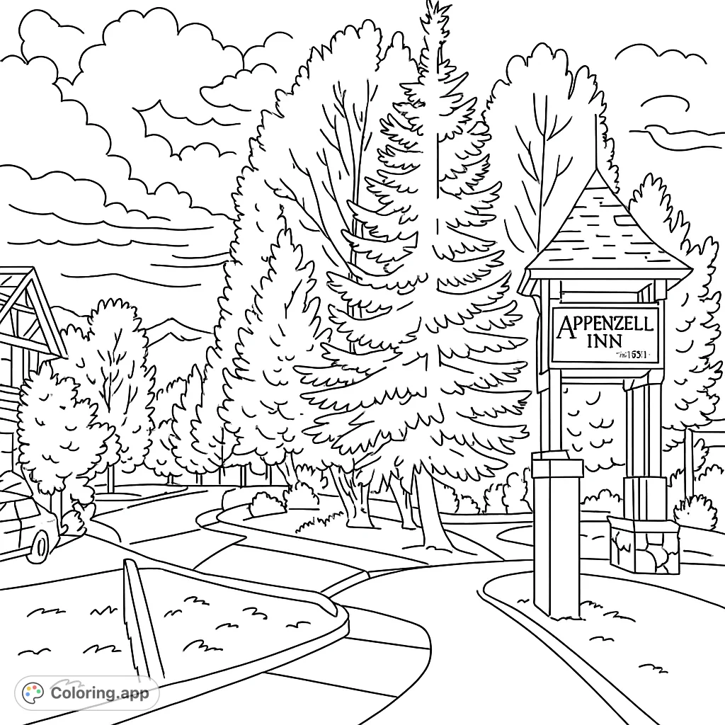 A serene mountain landscape with a winding road, lush trees, a charming inn sign structure, and distant peaks, perfect for a relaxing coloring experience.