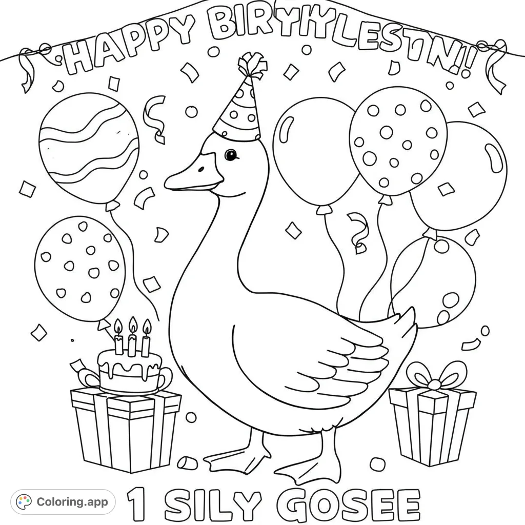 A delightful birthday goose coloring page featuring a festive goose in a party hat, surrounded by balloons, gifts, and a cake, perfect for celebrations.