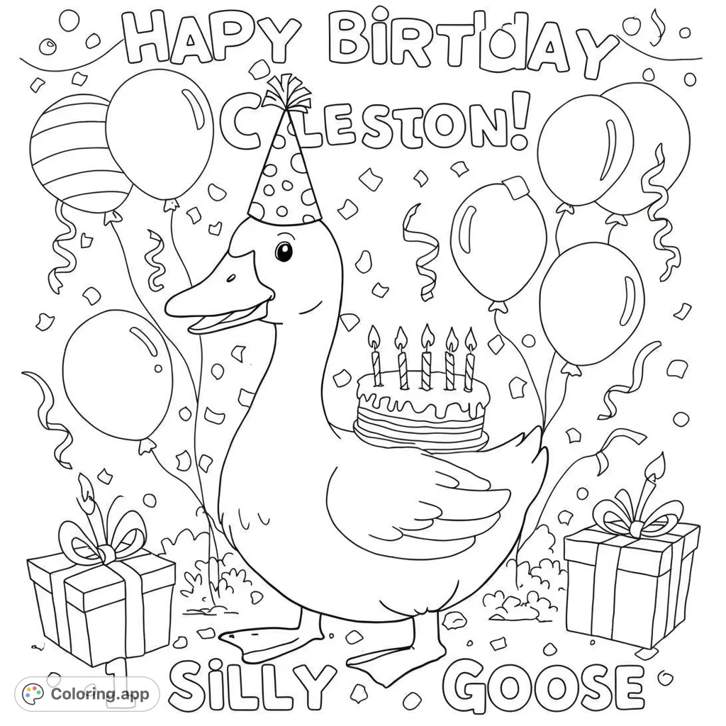A cheerful duck in a party hat carries a birthday cake, surrounded by balloons, confetti, and gifts. A delightful birthday celebration coloring page.