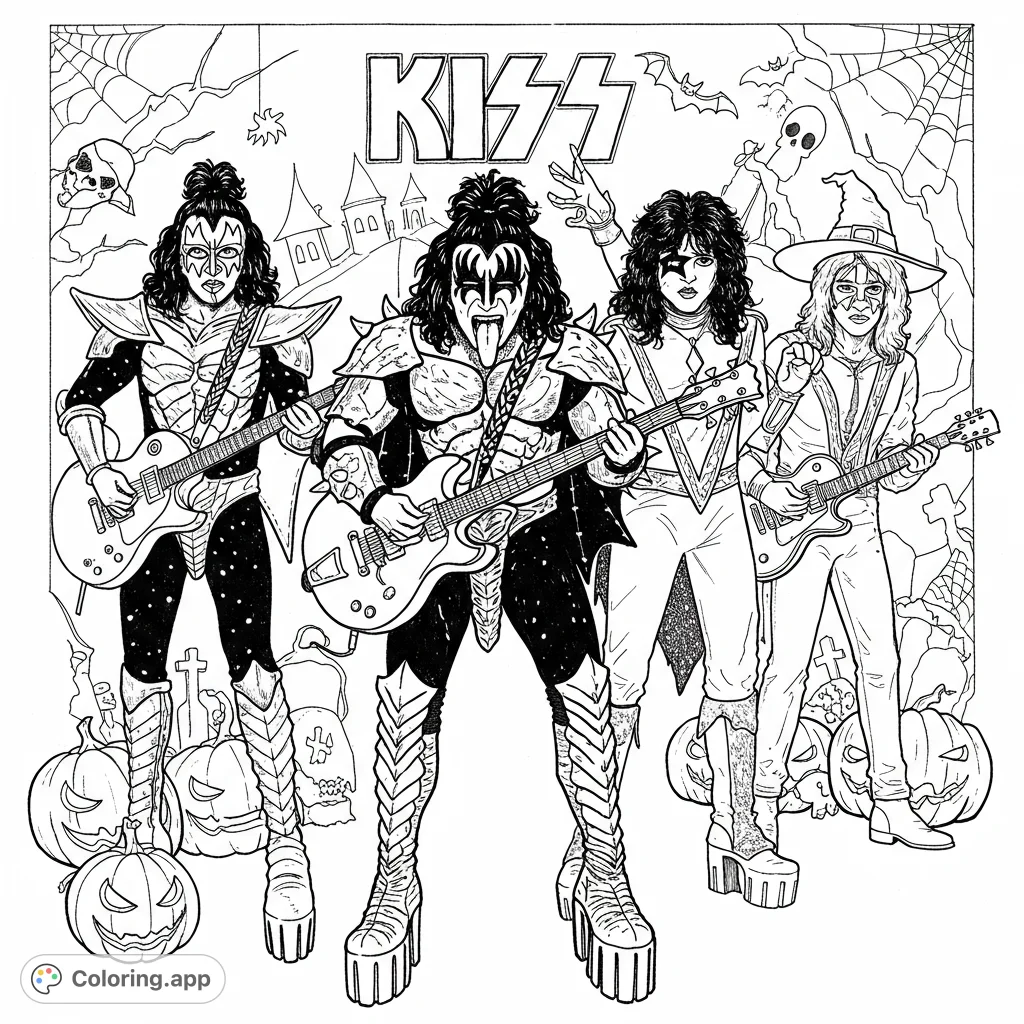 Rock out with the KISS Band Halloween coloring page! Iconic band members in spooky costumes, ready for a ghoulish concert.