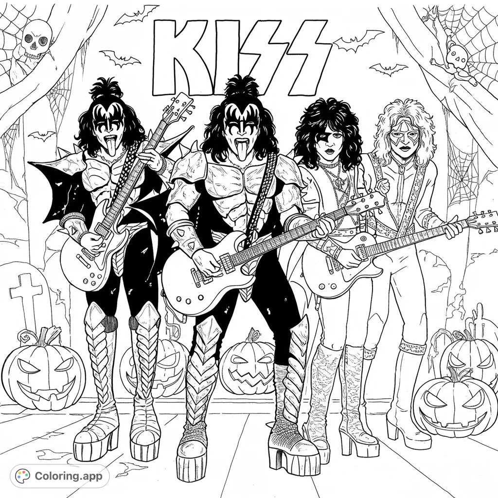 Rock out with the KISS Band Halloween coloring page! Iconic band members in spooky costumes, ready for a ghoulish concert.