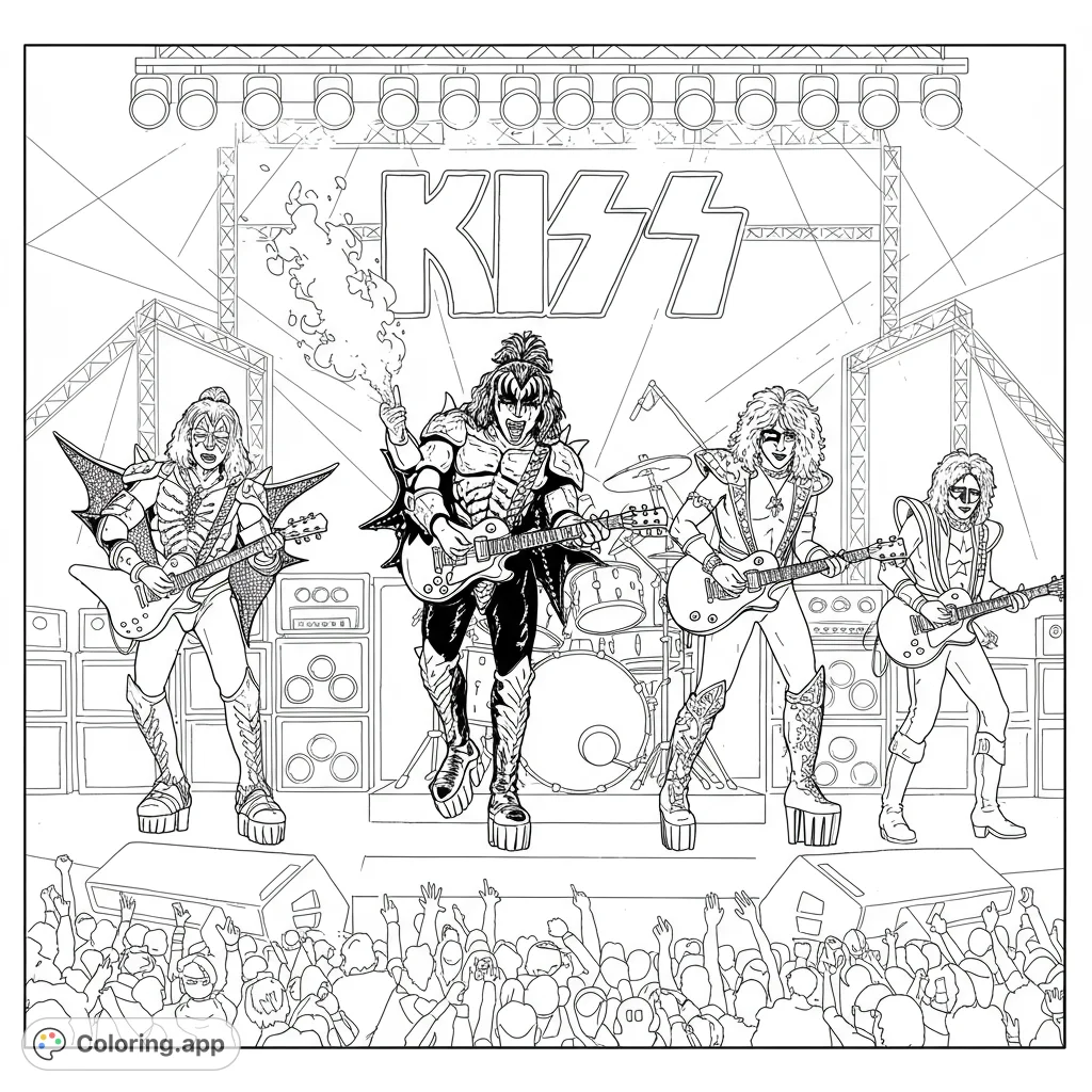 Unleash your inner rockstar with this dynamic KISS band concert coloring page! Featuring iconic members in full costume on stage, ready for vibrant colors.
