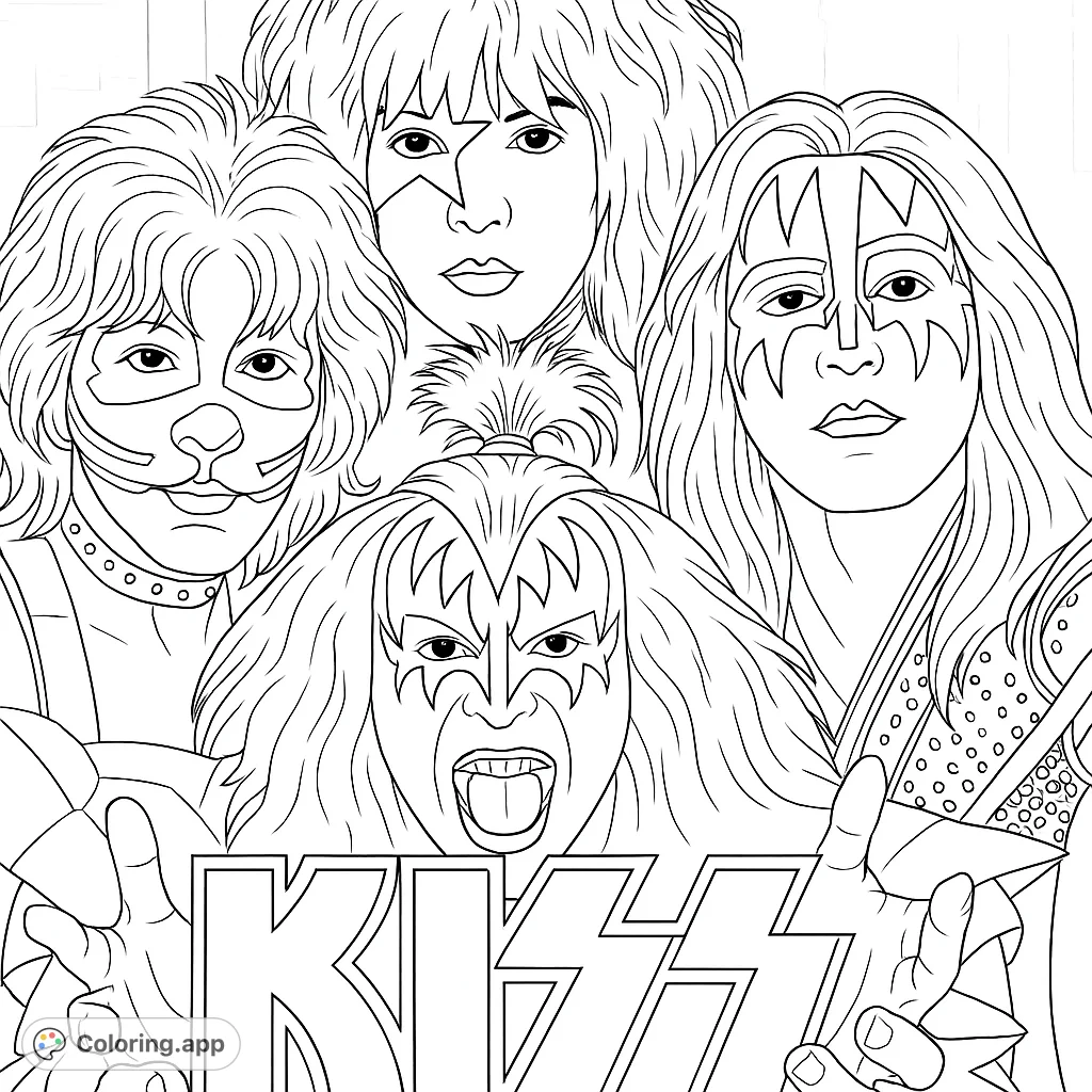 Unleash your inner rock star with this iconic band coloring page! Featuring four legendary figures with dramatic makeup and bold hairstyles, ready for your creative touch.