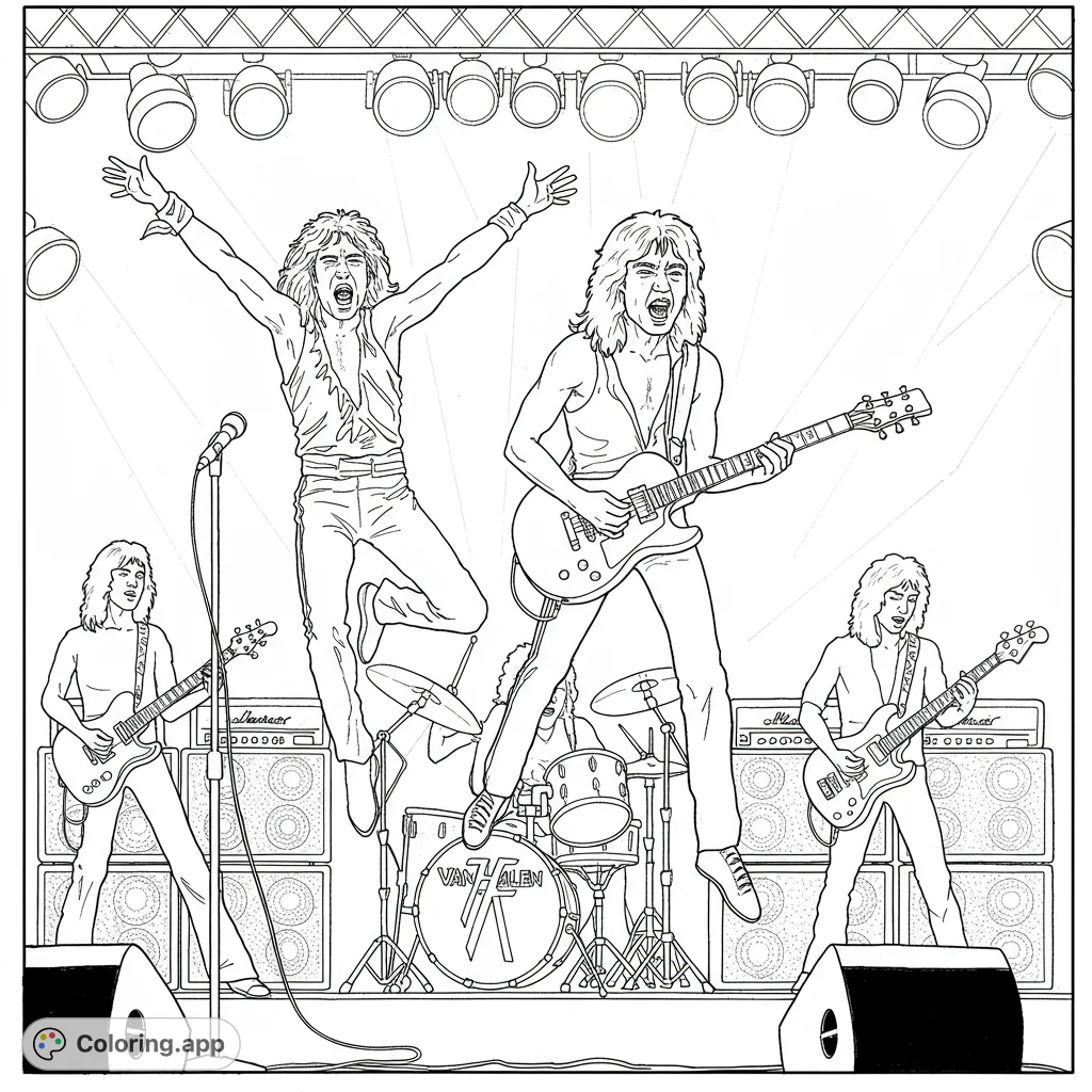 Experience the energy of a Van Halen concert! This free printable Van Halen coloring page captures the band live on stage, perfect for music fans.