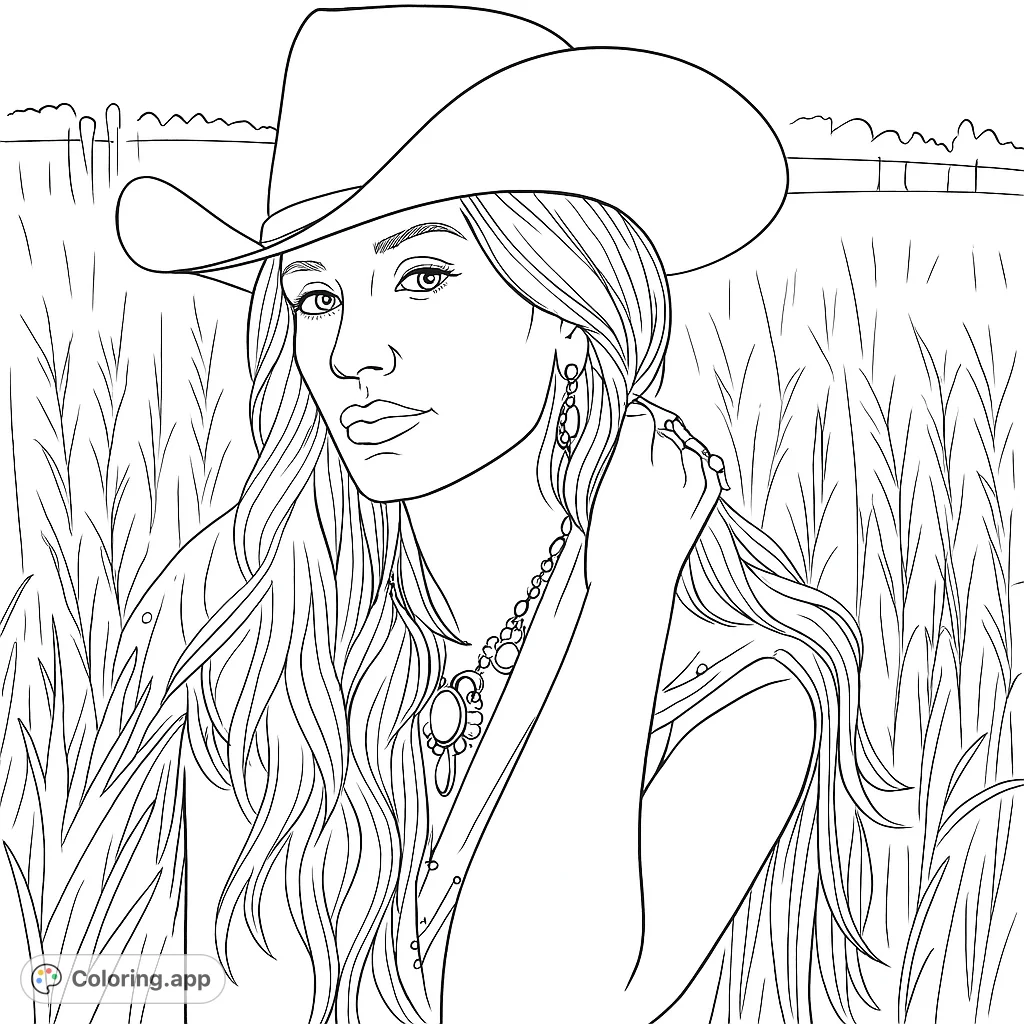 A beautiful cowgirl in a cowboy hat, with flowing hair and jewelry, stands in a field of tall grass. A captivating country western coloring page for all ages.