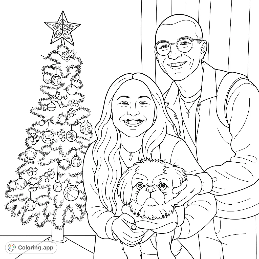 Capture holiday joy with this festive family portrait featuring a couple and their adorable pet by a decorated Christmas tree. A heartwarming scene for all ages.