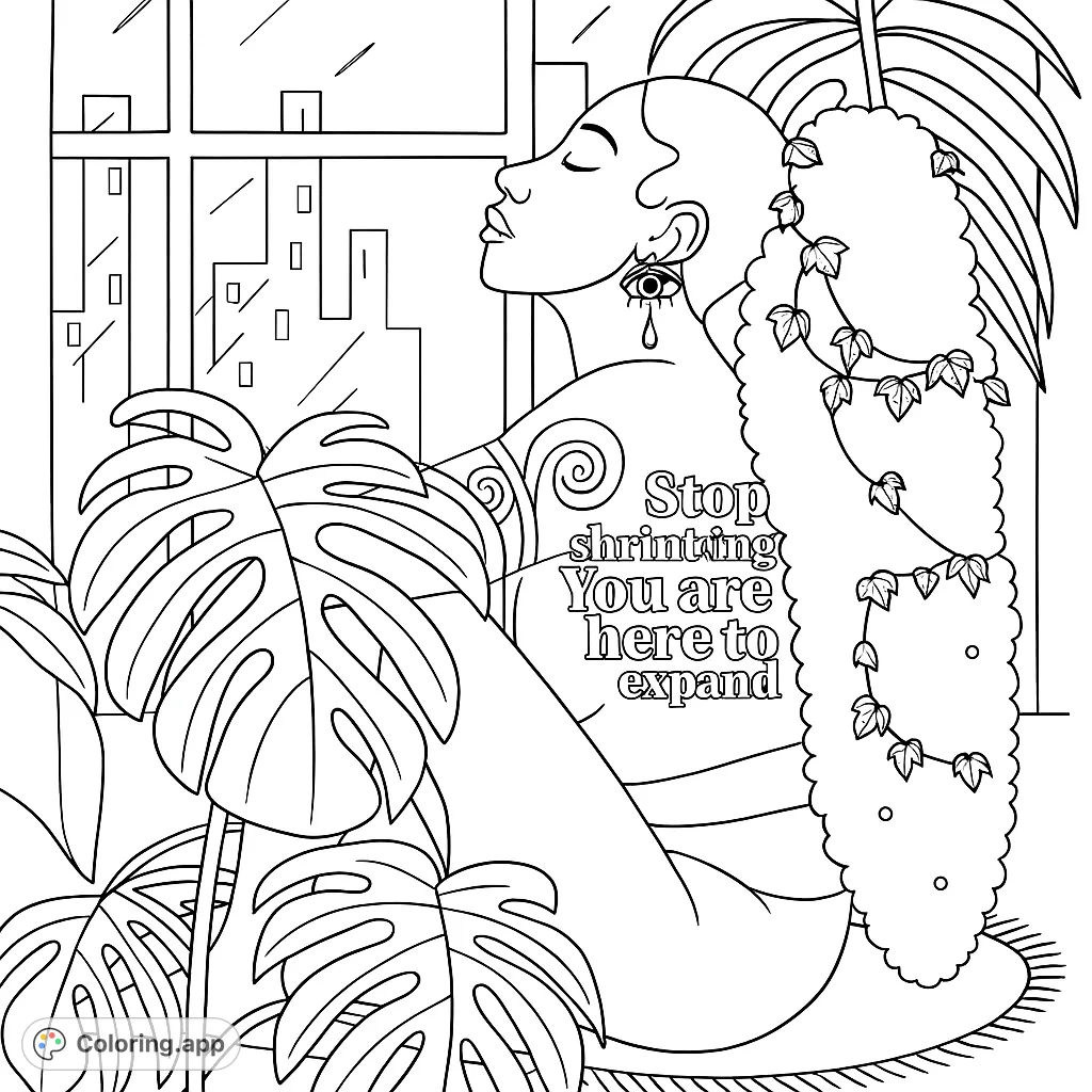 A serene woman surrounded by lush monstera plants and city views, embodying peace and growth. A mindful urban jungle escape.