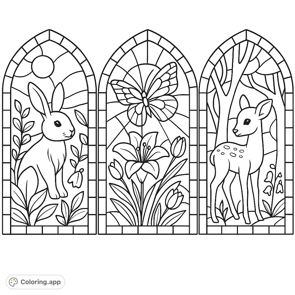 Three beautiful stained glass style panels featuring a rabbit, butterfly with flowers, and a fawn in a forest. Perfect for nature lovers.