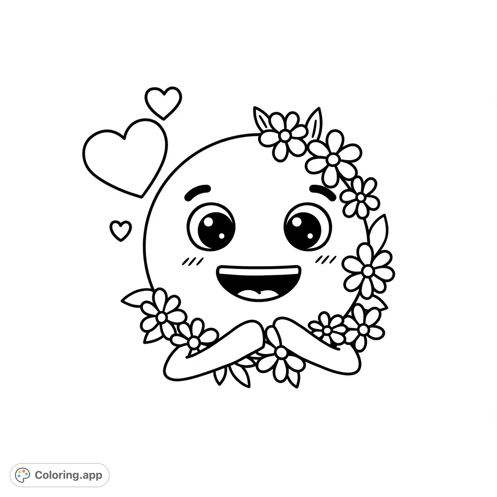 A joyful emoji-like character adorned with a floral garland and surrounded by floating hearts. A delightful free printable coloring page for all ages.