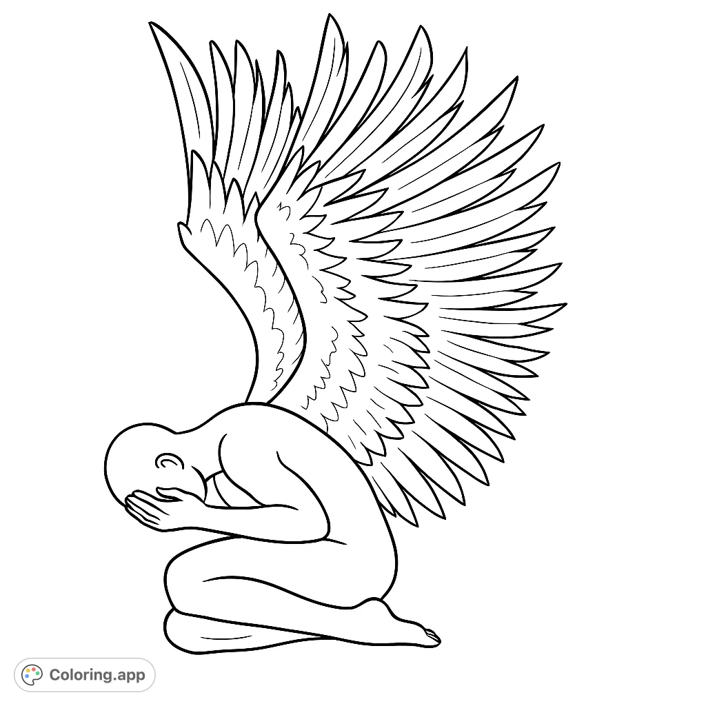 A powerful winged figure kneels in contemplation, hands covering its face. A free printable fantasy coloring page for all ages.