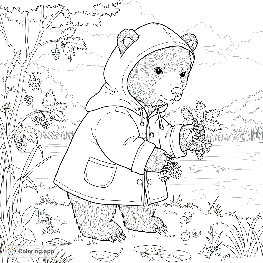 A charming bear cub in a hooded coat gathers berries by a pond, surrounded by lush foliage. A delightful nature-themed coloring page for all ages.