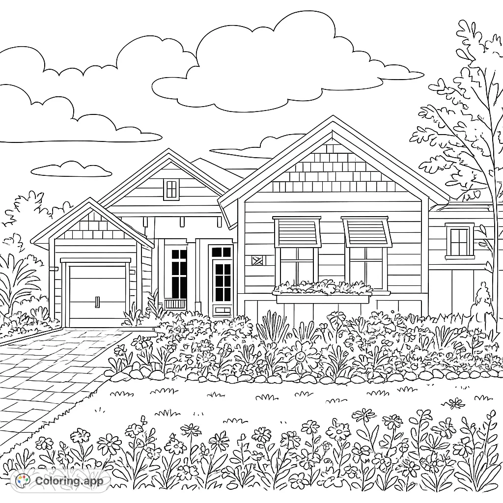 A delightful suburban house with a lush garden and fluffy clouds. Perfect for a relaxing coloring experience.