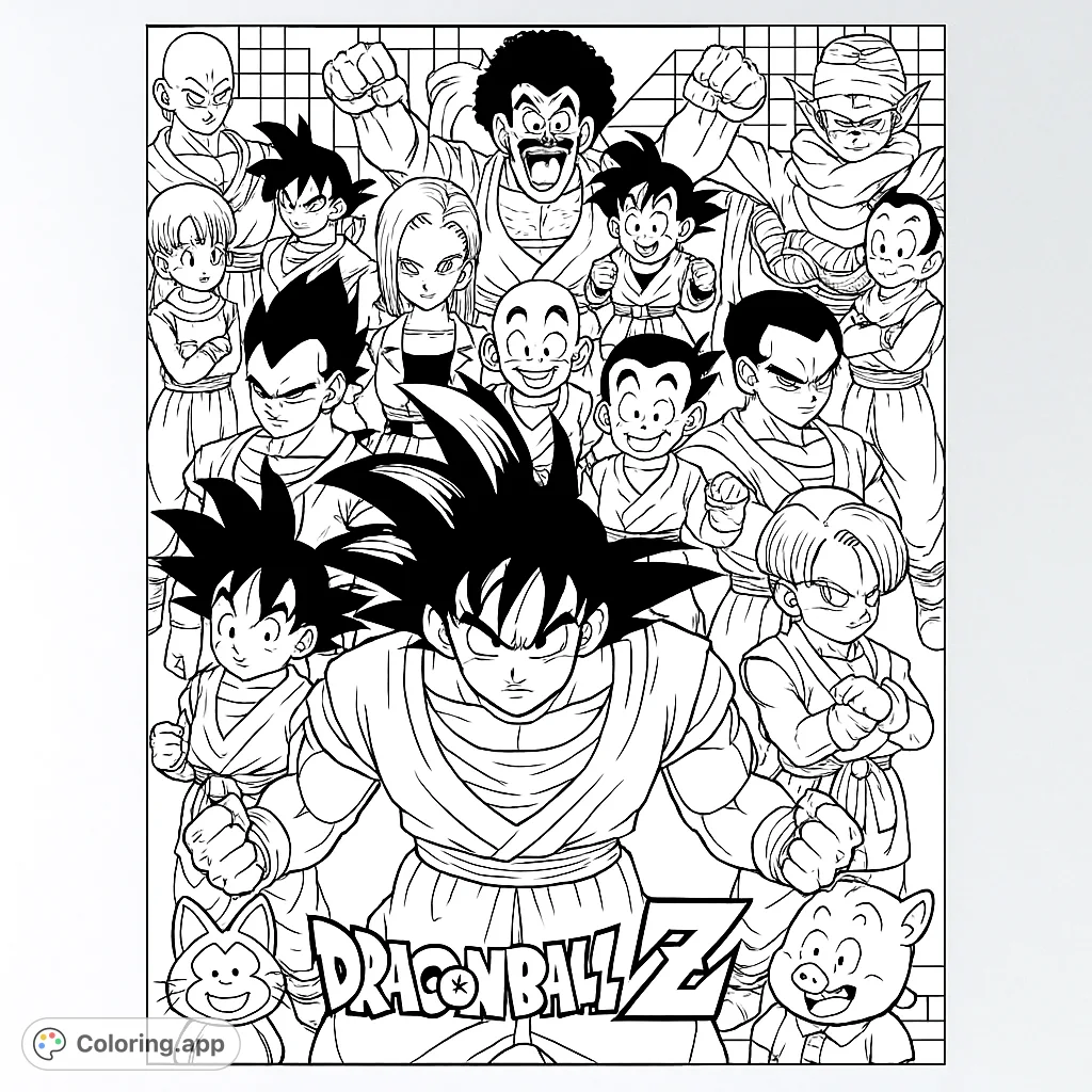 An epic Dragon Ball Z coloring page featuring Goku, Vegeta, Piccolo, and a large cast of iconic heroes in a dynamic group pose.