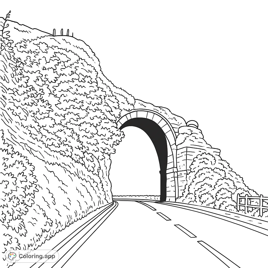 Journey through a scenic mountain road leading into an arched tunnel, surrounded by lush, detailed foliage. A free printable nature coloring page.