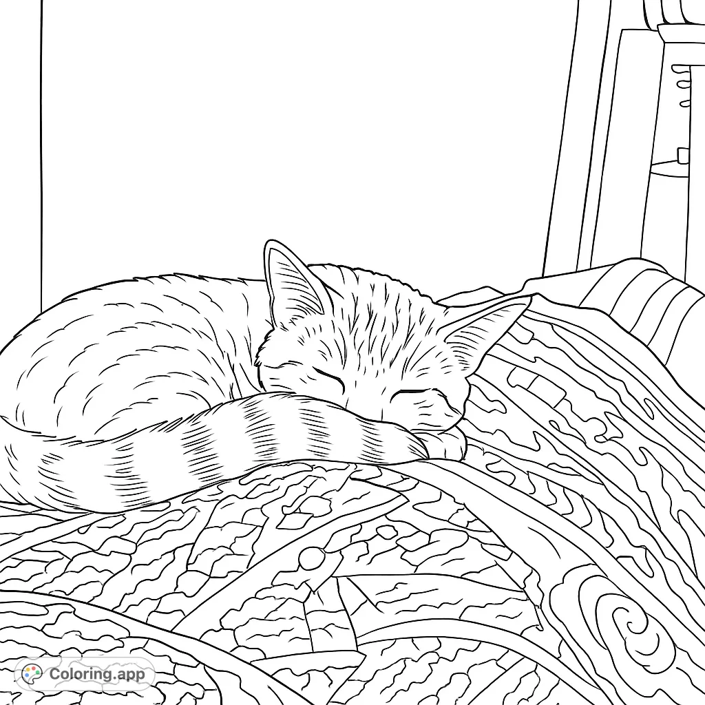 Discover a peaceful sleeping cat curled on rustic logs. A charming, free printable cat coloring page perfect for relaxation and creativity.