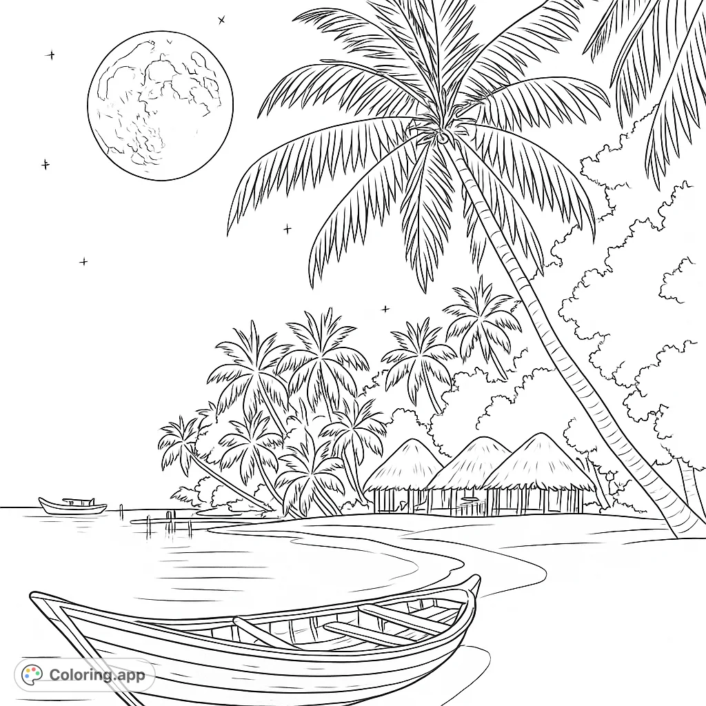 Escape to a moonlit tropical beach with swaying palms, cozy huts, and serene boats. A free printable tropical beach coloring page for all ages.