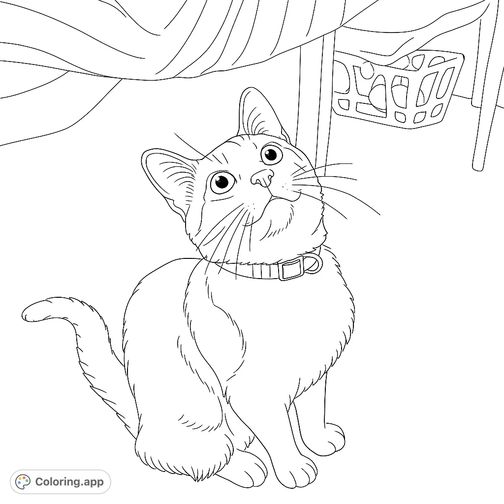 A charming kitten with wide, curious eyes looks up from under a table, wearing a collar. A delightful cat coloring page for all ages.