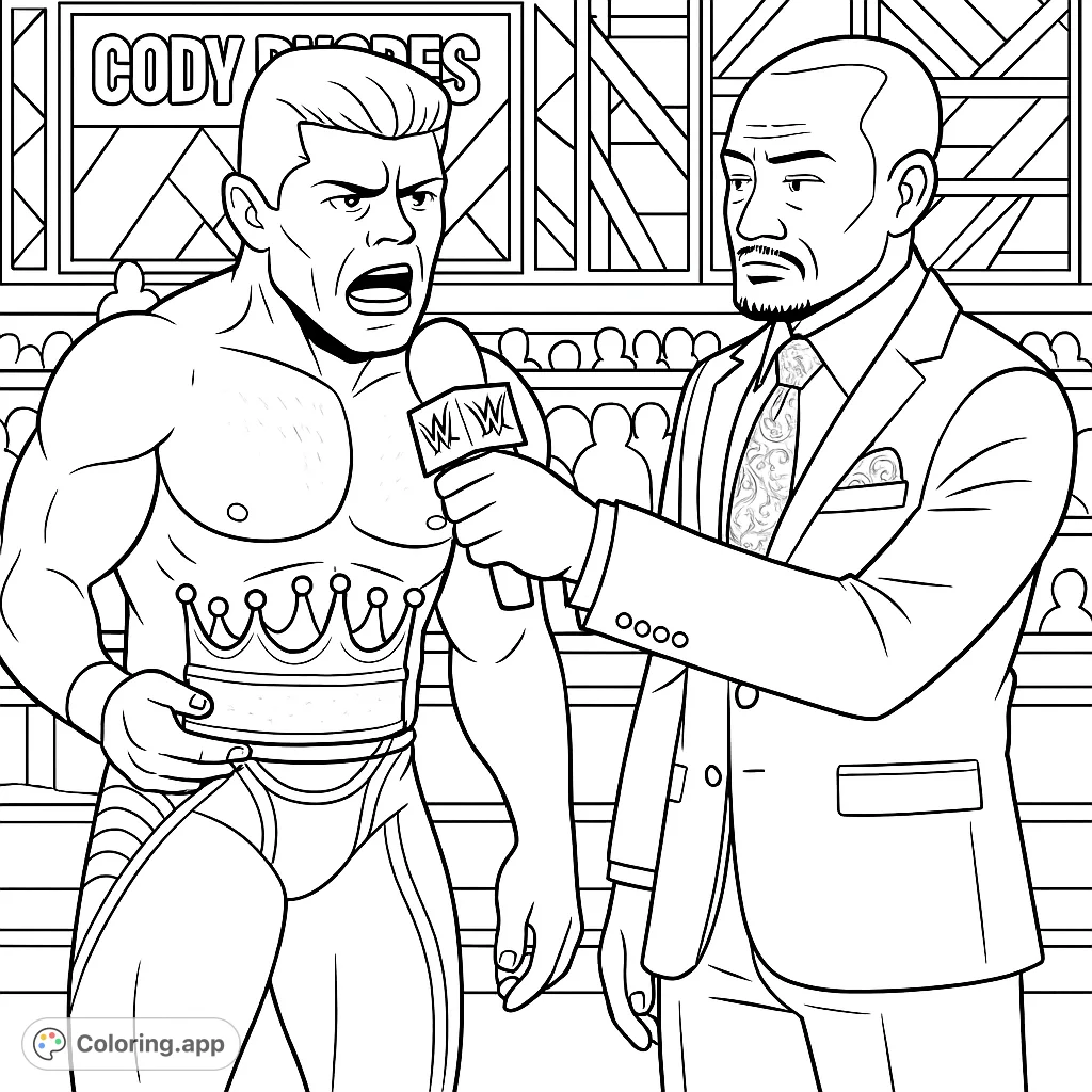 Dynamic wrestling interview scene featuring a muscular champion holding a crown and an interviewer with a mic. Perfect for sports fans!