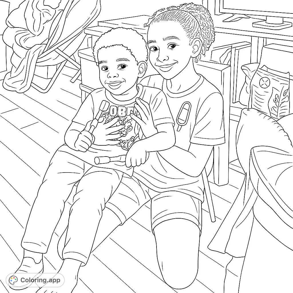A heartwarming free printable siblings coloring page featuring an older girl and younger boy playing indoors, perfect for kids and family fun.