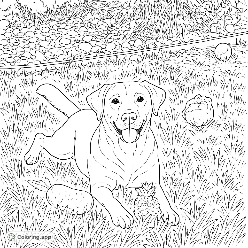 A joyful Labrador Retriever rests in a vibrant grassy field with pineapples, perfect for a relaxing dog coloring page. Free printable coloring page for all ages!
