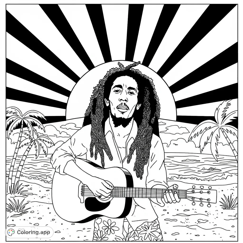A free printable Bob Marley coloring page featuring the music icon surrounded by a radiant sun and serene beach, perfect for all ages.