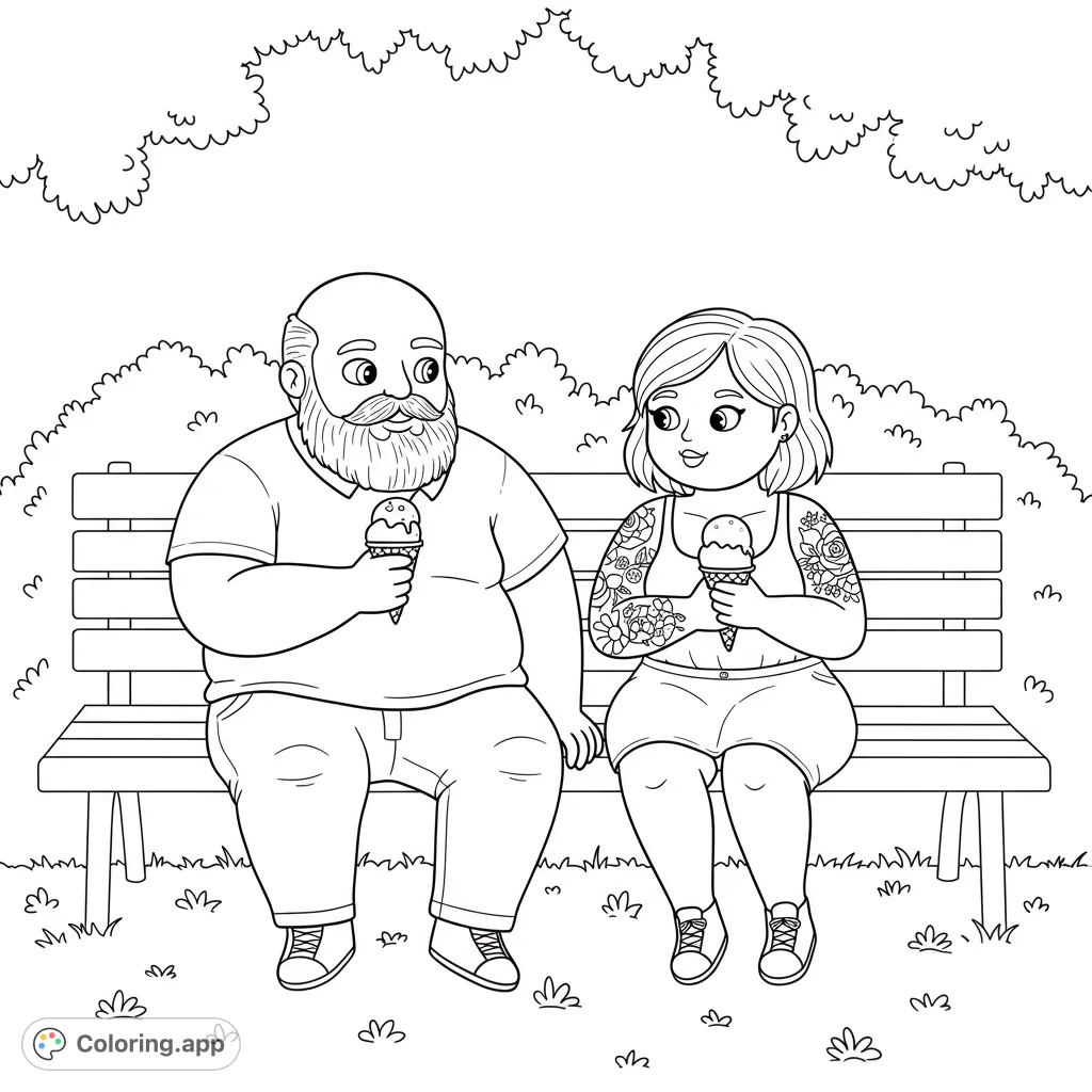 A delightful couple enjoys ice cream on a park bench. Features a bearded man and a tattooed woman, perfect for a relaxing coloring session.