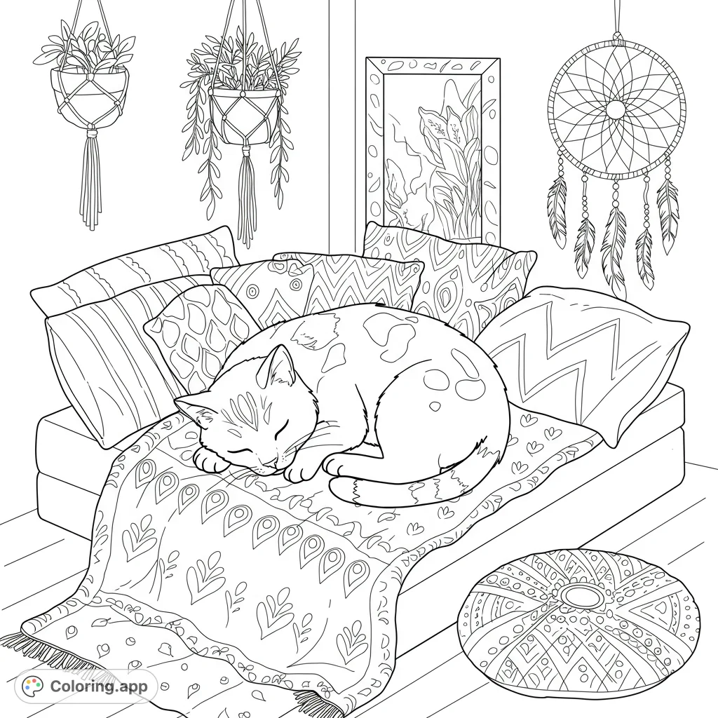 A charming calico cat rests on a cozy bed in a cute boho room, featuring clean lines and inviting details perfect for a relaxing coloring experience.